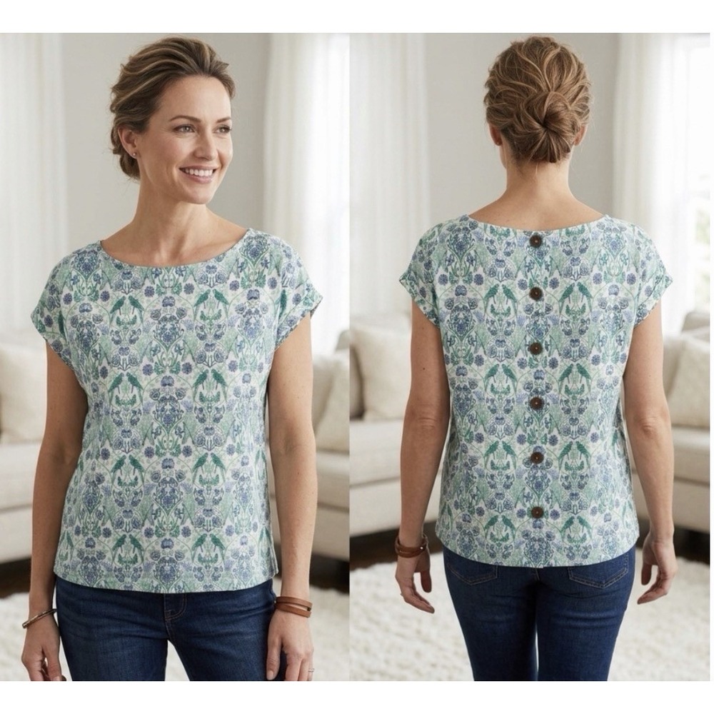 J. Jill Top Women's Petite Small Green Floral Short Sleeve Button Back Blouse